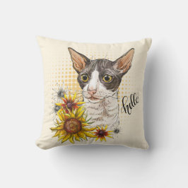 Hand teckning Cornish Rex-katt med solblommor Kudde