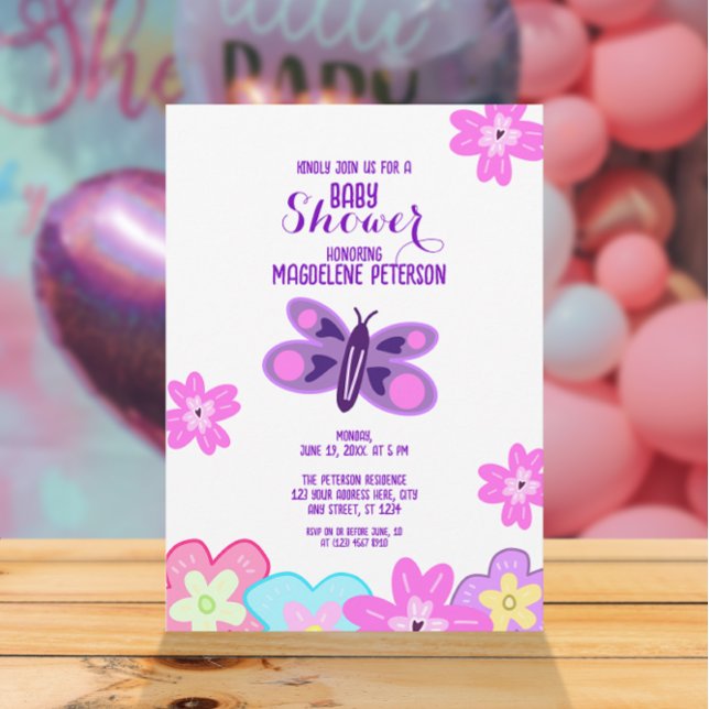 Hand Teckning Flowers & Butterfly Baby Shower Inbjudningar (Skapare uppladdad)
