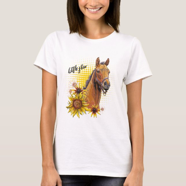 Hand teckning häst med solblommor t shirt (Framsida)
