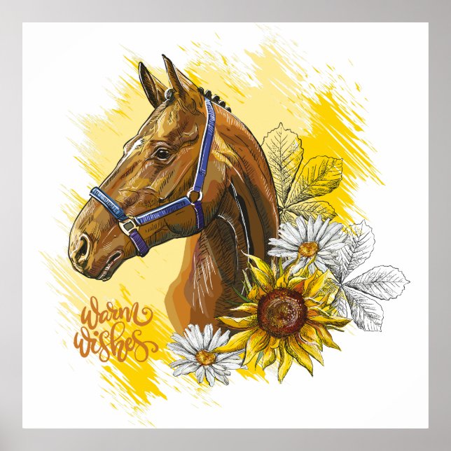Hand teckning häst med växter och blommor kasta p poster (Framsidan)
