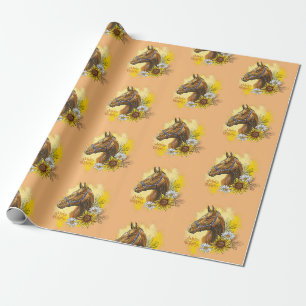 Hand teckning häst med växter och blommor presentpapper