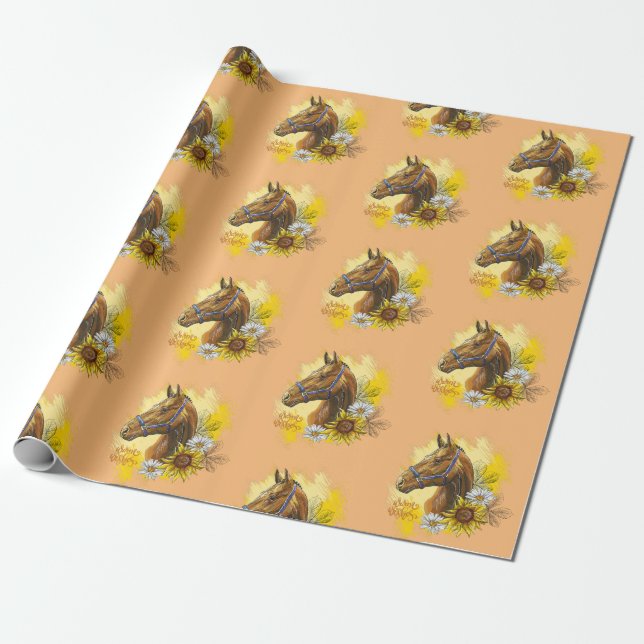 Hand teckning häst med växter och blommor presentpapper (Utrullad)