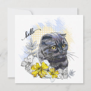 Hand teckning lustig Black brittish cat med blommo