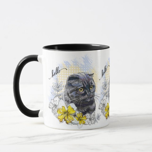 Hand teckning lustig Black brittish cat med blommo Mugg (Vänster)