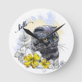 Hand teckning lustig Black brittish cat med blommo Rund Klocka