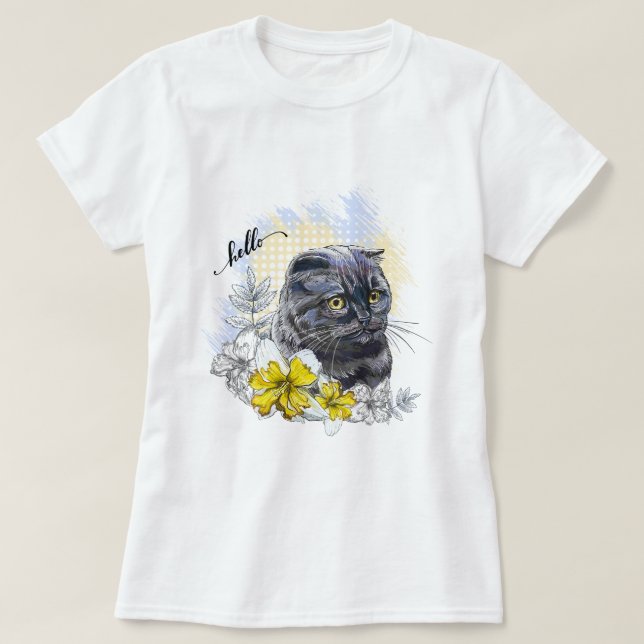 Hand teckning lustig Black brittish cat med blommo T Shirt (Design framsida)