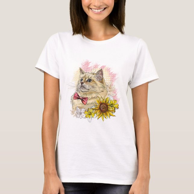 Hand teckning lustig Red Ragdoll cat med blommor T Shirt (Framsida)