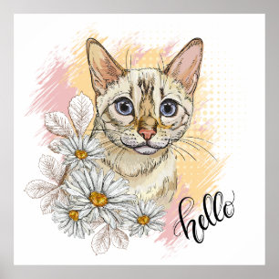 Hand teckning lustig snö-bengalkatt med kameler poster