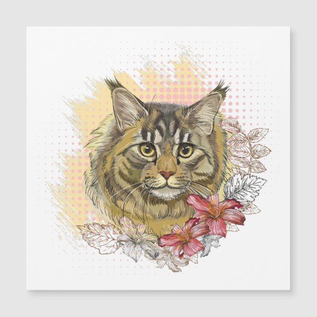 Hand teckning lustig söt Maine coon med blommor (Framsida)