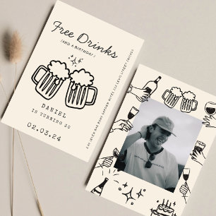 Hand teckning Quirky FunnyFree Drinks 30års födels Inbjudningar