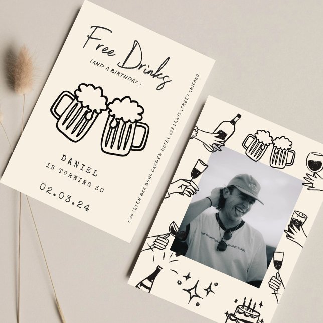 Hand teckning Quirky FunnyFree Drinks 30års födels Inbjudningar (Skapare uppladdad)