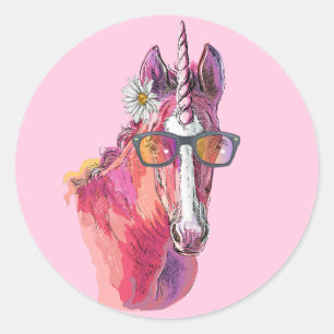Hand teckning rosa Unicorn Runt Klistermärke