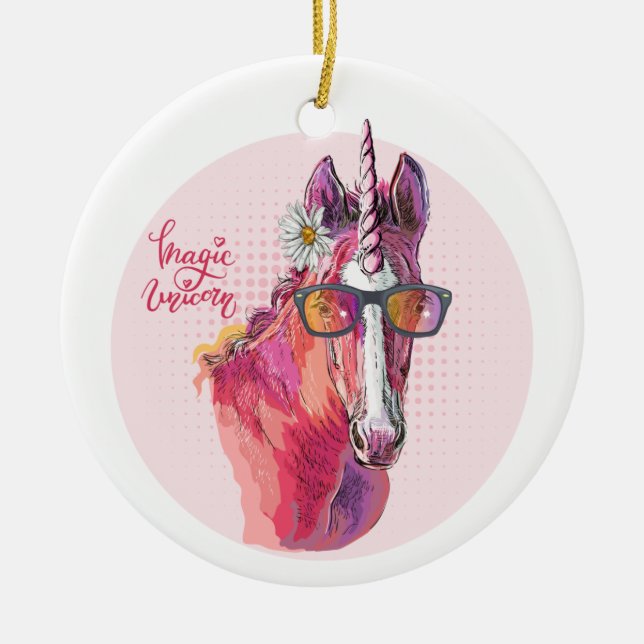 Hand teckning rosa Unicorn T-Shirt Keychain Julgransprydnad Keramik (Framsidan)