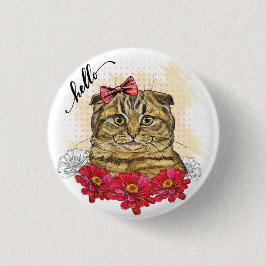 Hand teckning Scottish fold cat with red blommor T Knapp