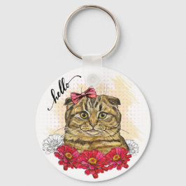 Hand teckning Scottish fold cat with red blommor T Nyckelring