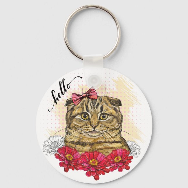 Hand teckning Scottish fold cat with red blommor T Nyckelring (Framsida)