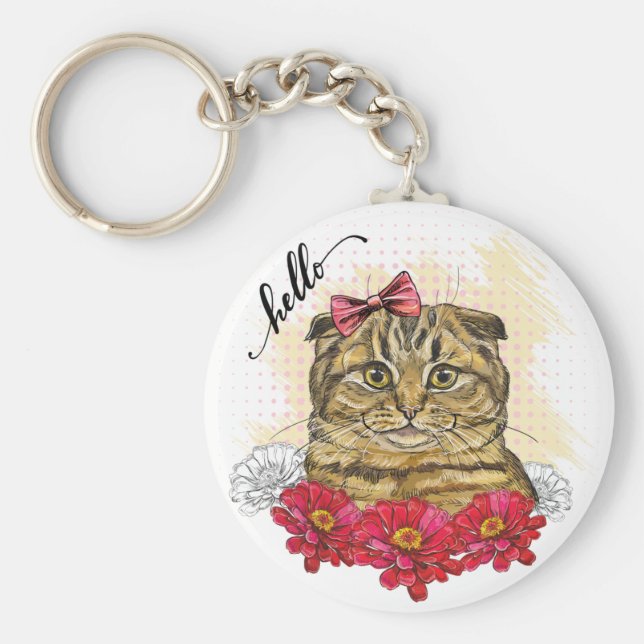 Hand teckning Scottish fold cat with red blommor T Nyckelring (Framsidan)