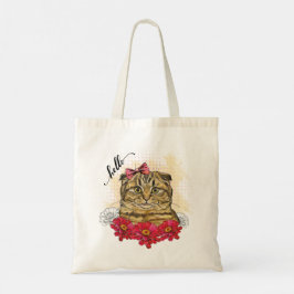 Hand teckning Scottish fold cat with red blommor Tygkasse
