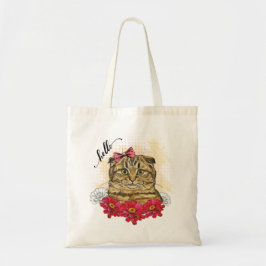 Hand teckning Scottish fold cat with red blommor Tygkasse