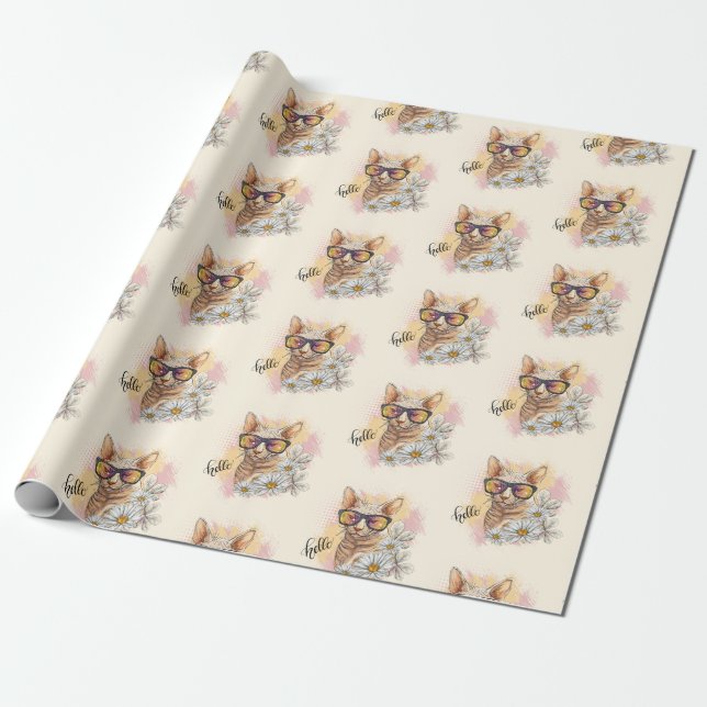 Hand teckning Sphynx-katt med blommor Presentpapper (Utrullad)