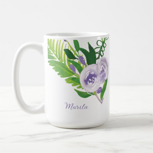 Hand vattenfärg blommor lila kaffemugg (Vänster)