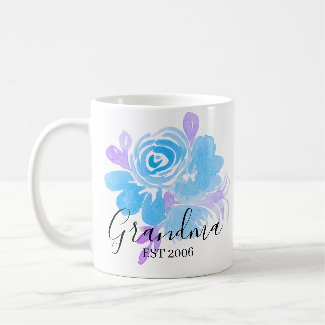 Hand vattenfärg blommor mamma mormor blå lila kaffemugg (Vänster)
