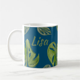 Hand vattenfärg Monstera Adansonii blad blå Kaffemugg