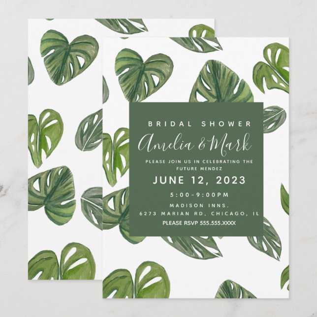 Hand vattenfärg Monstera Adansonii blad bröllop Inbjudningar (Fram/baksida)
