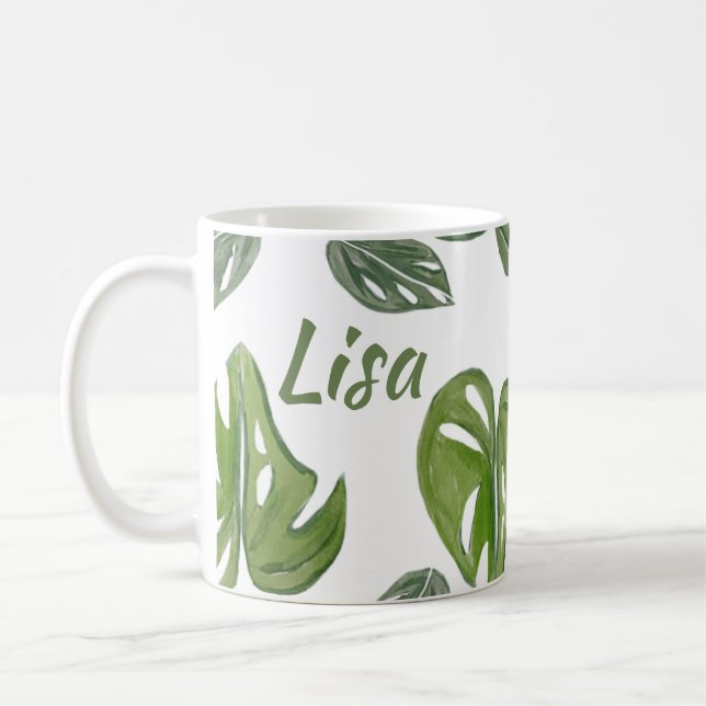 Hand vattenfärg Monstera Adansonii blad bröllop Kaffemugg (Vänster)