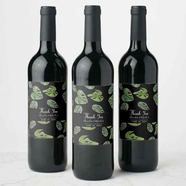 Hand vattenfärg Monstera Adansonii blad Bröllop Vinflaska Etikett (Flaskor)
