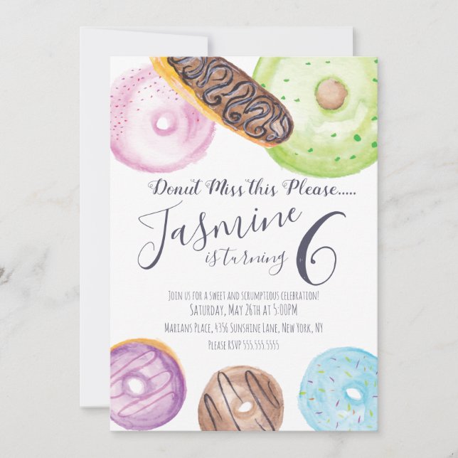 Hand Watercolor Donuts Eclairs Frosted Birthday Inbjudningar (Framsida)