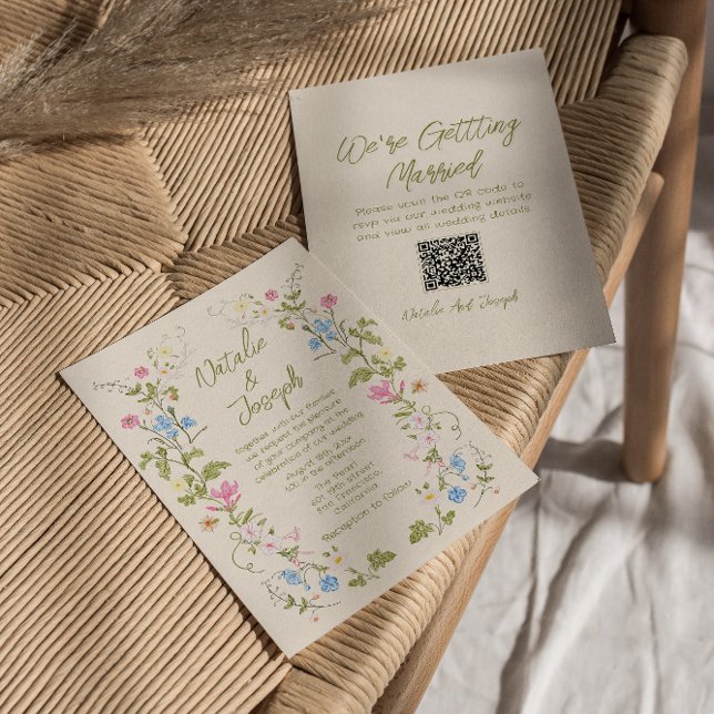 Hand Written Drawn Floral Summer QR Code Wedding Inbjudningar (Skapare uppladdad)