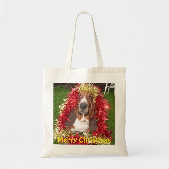 Handbag God jul Basset Hound i Garland Tygkasse (Framsidan)