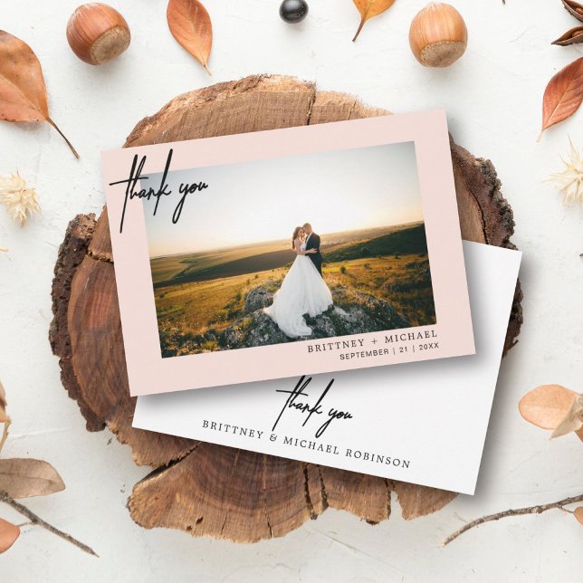 Handbevarad, modern foto-Tackens  Rosa Tack Kort (Modern elegant wedding thank you card with a wedding photo on the front and simple hand written font)