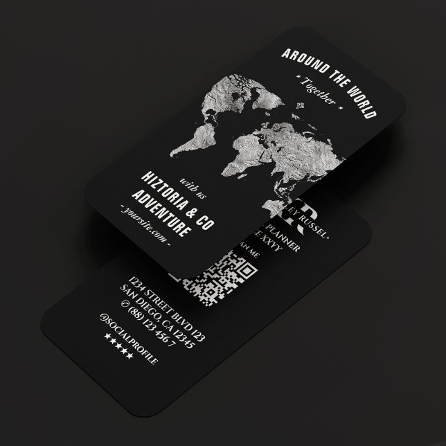 Handbok för den svarta tour-guiden för Travel Plan Visitkort (Travel Planner Silver World Map Black Tour Guide Business Card
)
