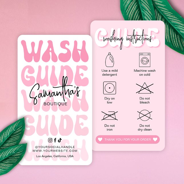Handbok för Tvättande av Retro Rosa Tvätt Care Gui Visitkort (Retro pink clothing washing instructions cards with icons, discover more icons in the design editor )