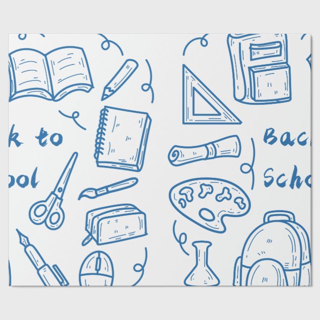 Handdragen back to school-doodelblått presentpapper (Seam)