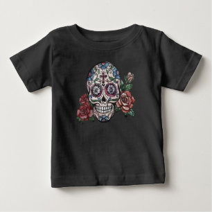 Handdragen Blommigt Skull Dia de los Muertos Shi T Shirt