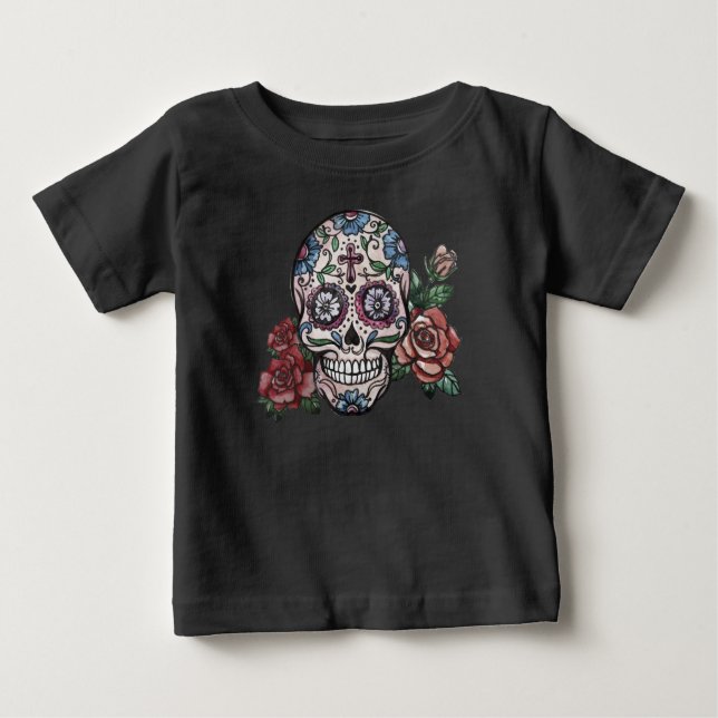 Handdragen Blommigt Skull Dia de los Muertos | Shi T Shirt (Framsida)