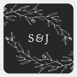 Handdragen botaniskt svart och vitt fyrkantigt klistermärke