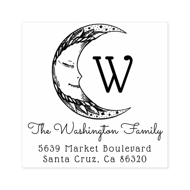 Handdragen Crescent Måne Family Namn-Returadress Stämpel (Tryck)