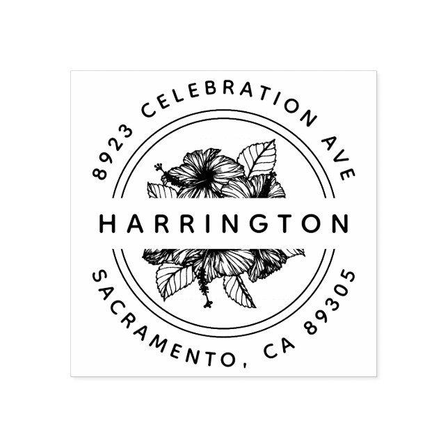 Handdragen Hibiscus Bouquet Round-Returadress Stämpel (Tryck)