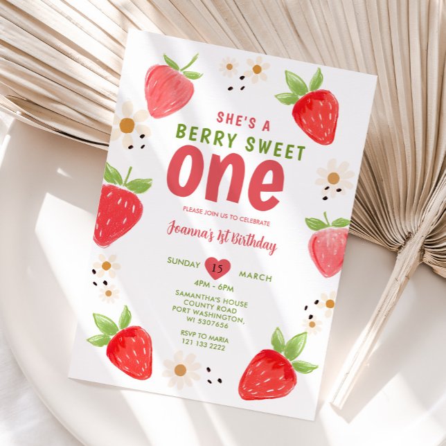 Handdragen jordgubbssötad en berry 1:a födelsedag inbjudningar (Skapare uppladdad)