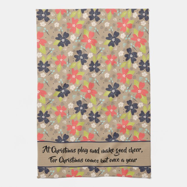 Handdragen jul Poinsettia Red White Navy Kökshandduk (Vertikal)