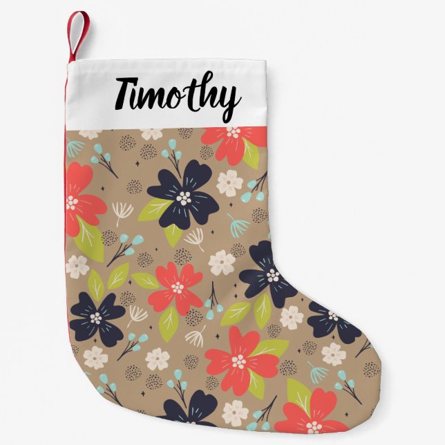 Handdragen jul Poinsettia Red White Navy Liten Julstrumpa (Framsidan)