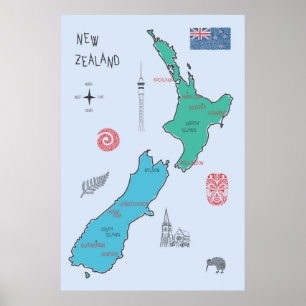 Handdragen karta i Nya Zeeland Poster