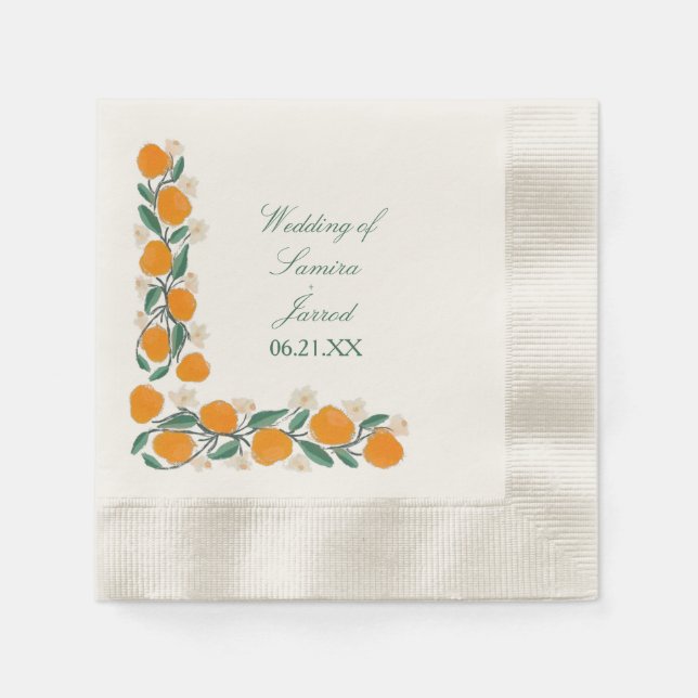 Handdragen Orange Botaniska Abstrakten Bröllop Pappersservett (Framsidan)