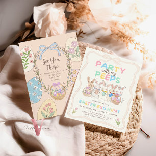 Handdragen Pastel Bunny Påskägg Hunt Brunch Inbjudningar