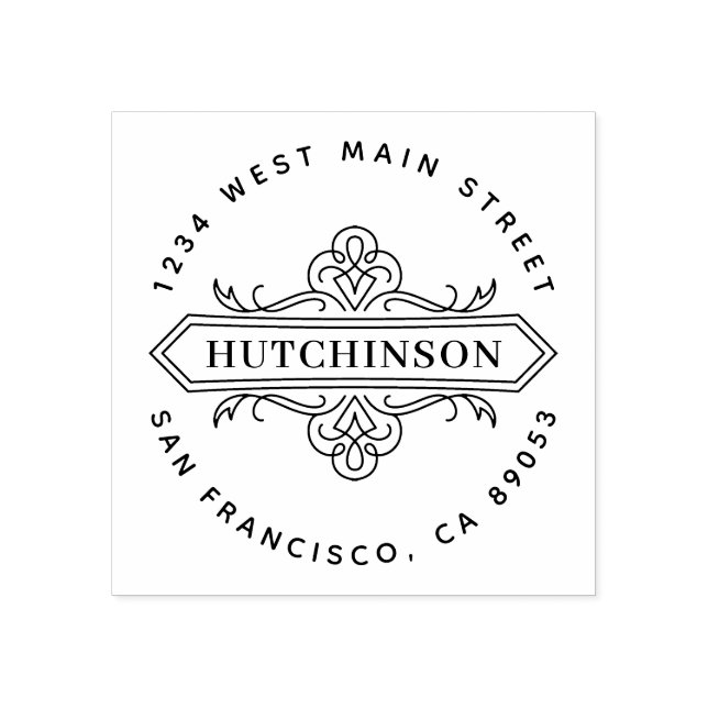 Handdragen Returadress för Ornate Family Namn-rund Stämpel (Tryck)