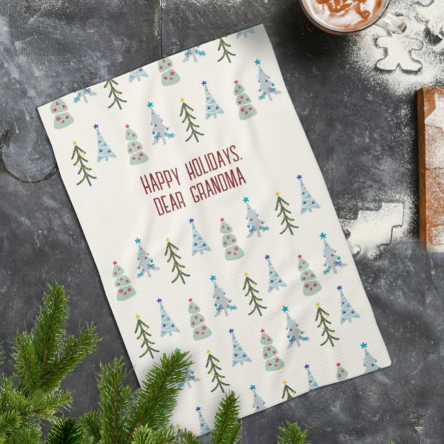Handdragen skandinaviskt Julgranar Kökshandduk (Scandinavian Christmas trees kitchen towel, personalize it with your text, gifts for grandparents)